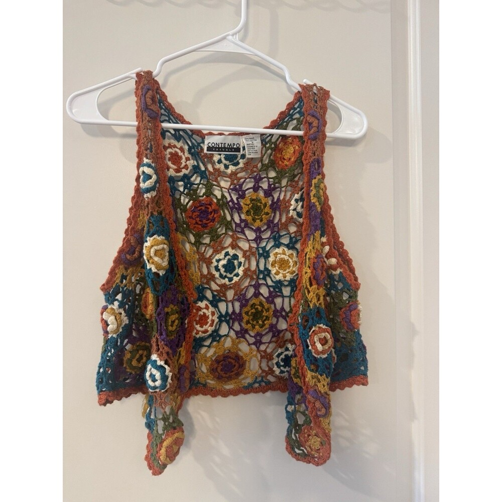 Contempo Casuals Womens Small Crochet Vest Multicolor Floral Granny Square Boho